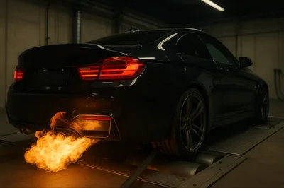 Black Sports Car Backfiring Flames on Dynamometer
