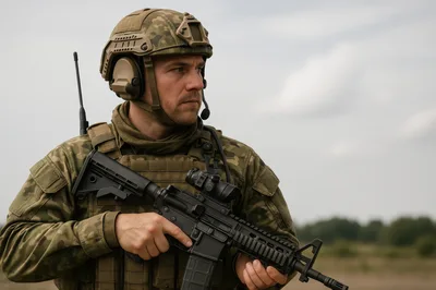 Soldier In Camouflage Uniform Holding An Assault Rifle