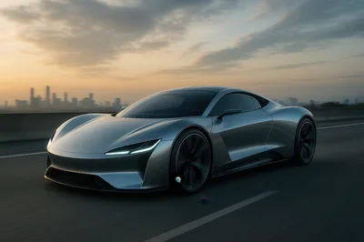 Sleek Silver Concept Sports Car Driving on Highway