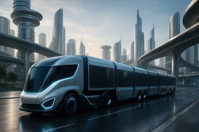 Futuristic Articulated Bus Driving Through A Modern City