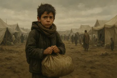 Young Refugee Boy Holding Sack In Tent Camp