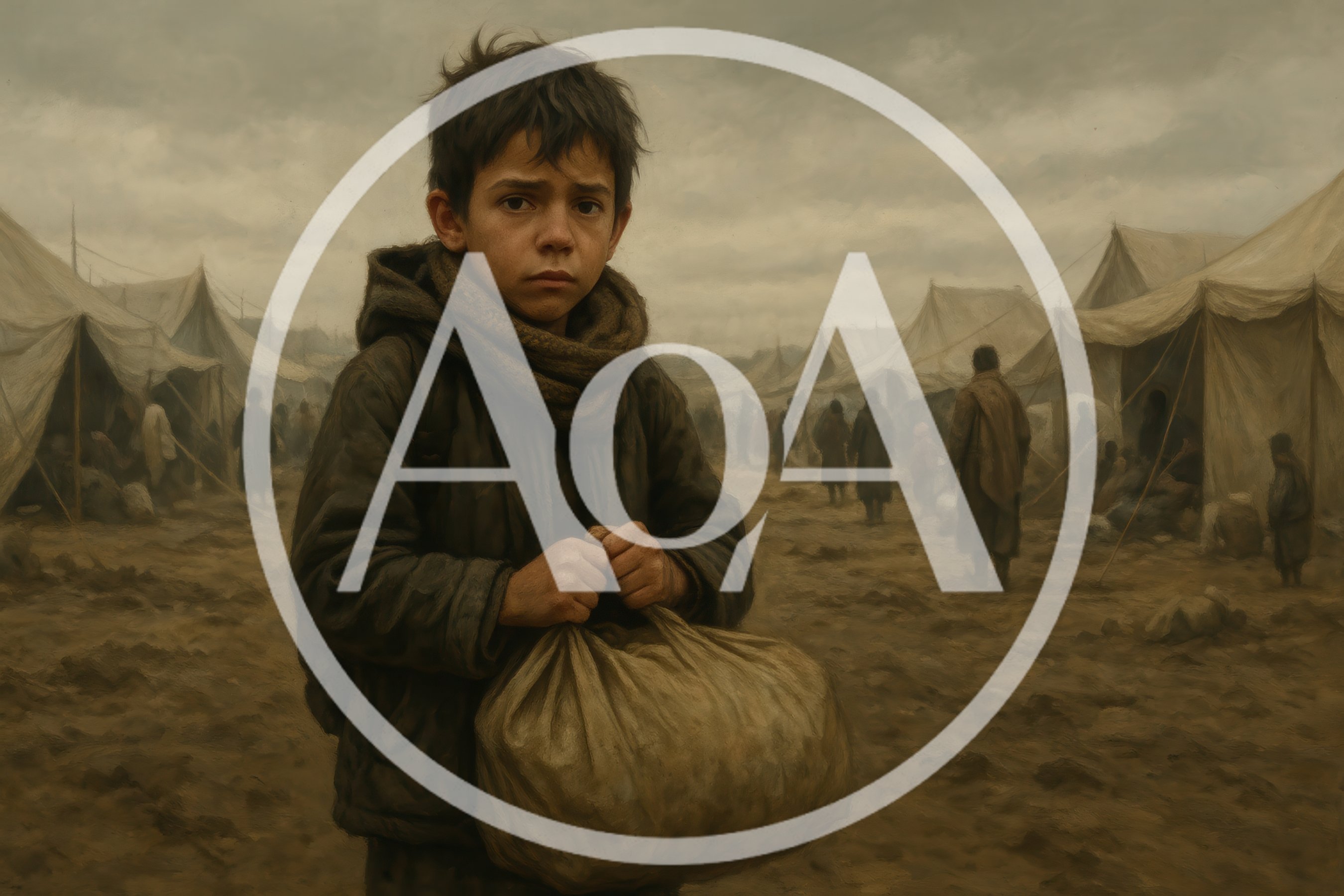 Young Refugee Boy Holding Sack In Tent Camp