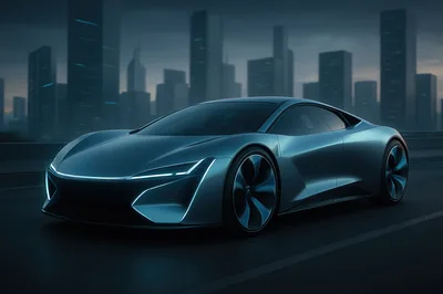 Futuristic Concept Sports Car Driving Through City
