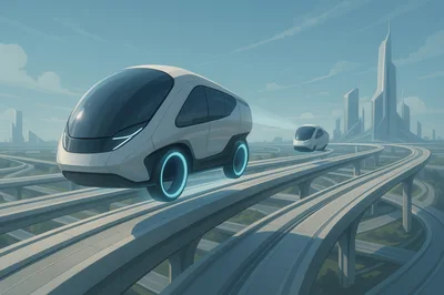 Futuristic Autonomous Vehicles Traveling On Elevated Highway