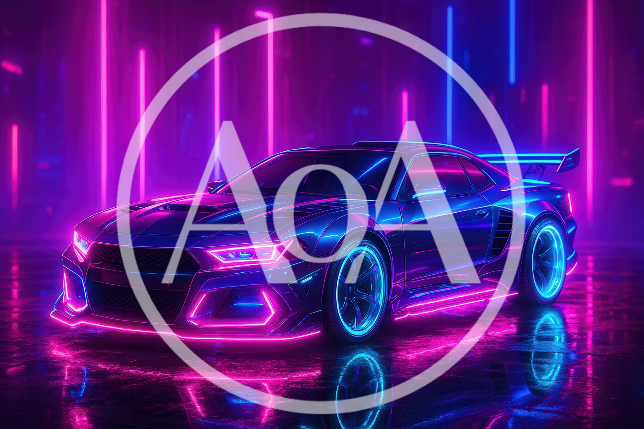 Neon Cyberpunk Sports Car In Futuristic City
