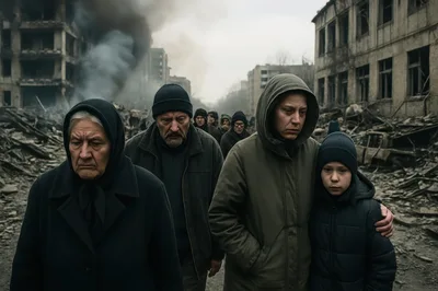 Displaced Refugees Walking Through War Torn City Ruins