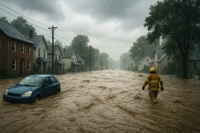 Firefighter Walking Through Flooded Residential Street
