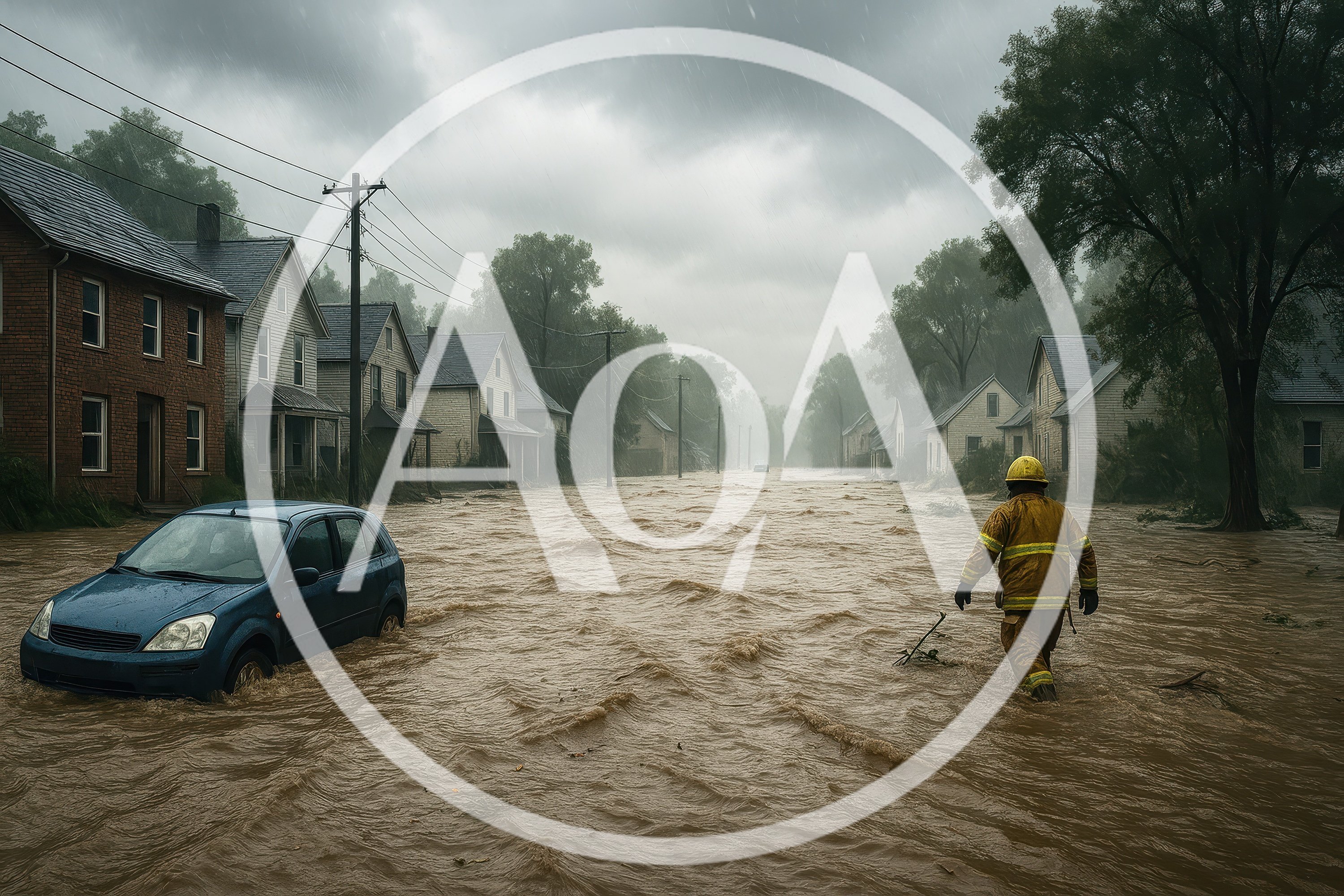 Firefighter Walking Through Flooded Residential Street