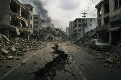 Devastated City Street After A Catastrophic Earthquake