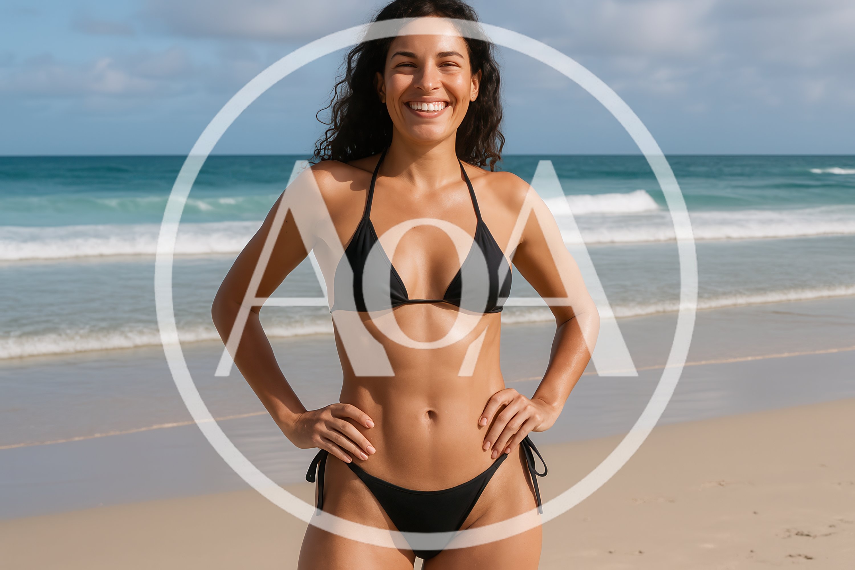 Smiling Woman Posing In Black Bikini On Sunny Beach