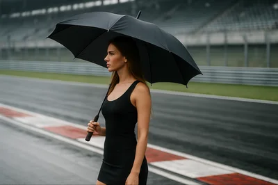 Woman Holding Umbrella On A Racetrack