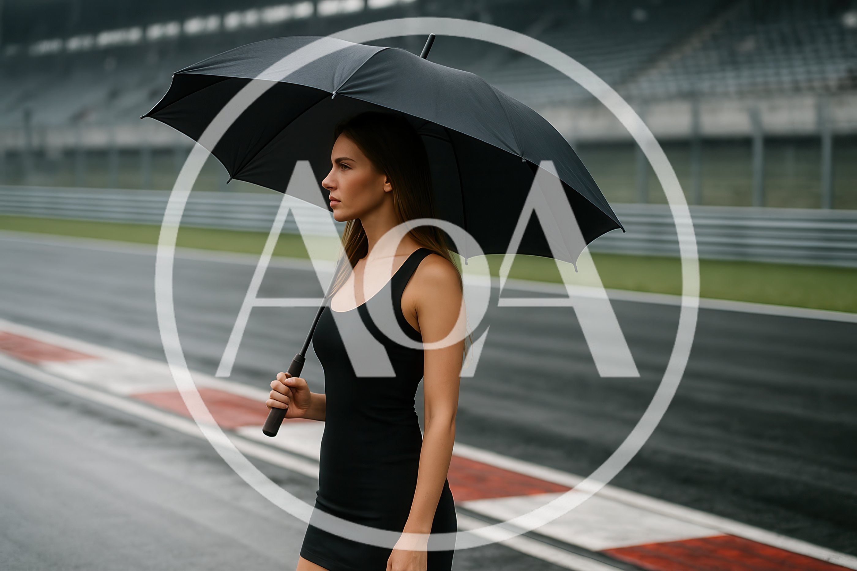 Woman Holding Umbrella On A Racetrack