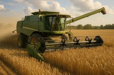 Combine Harvester Working In A Golden Wheat Field