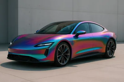 Iridescent Sports Sedan Parked on Concrete