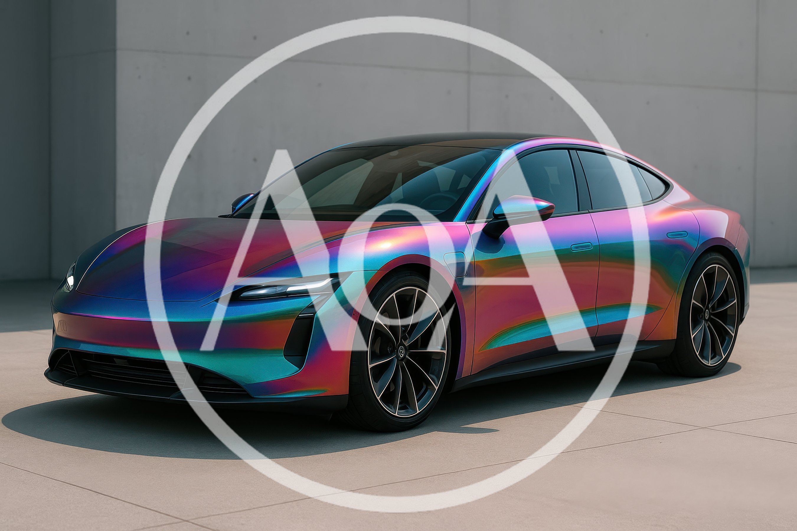 Iridescent Sports Sedan Parked on Concrete