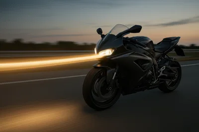 Black Sportbike Riding Fast On Highway At Sunset