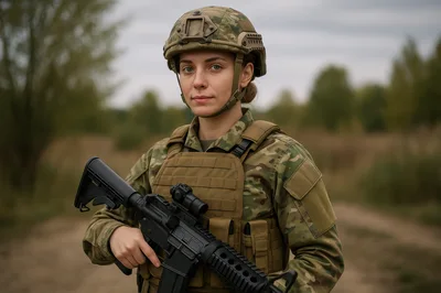Female Soldier Standing With Rifle In Field
