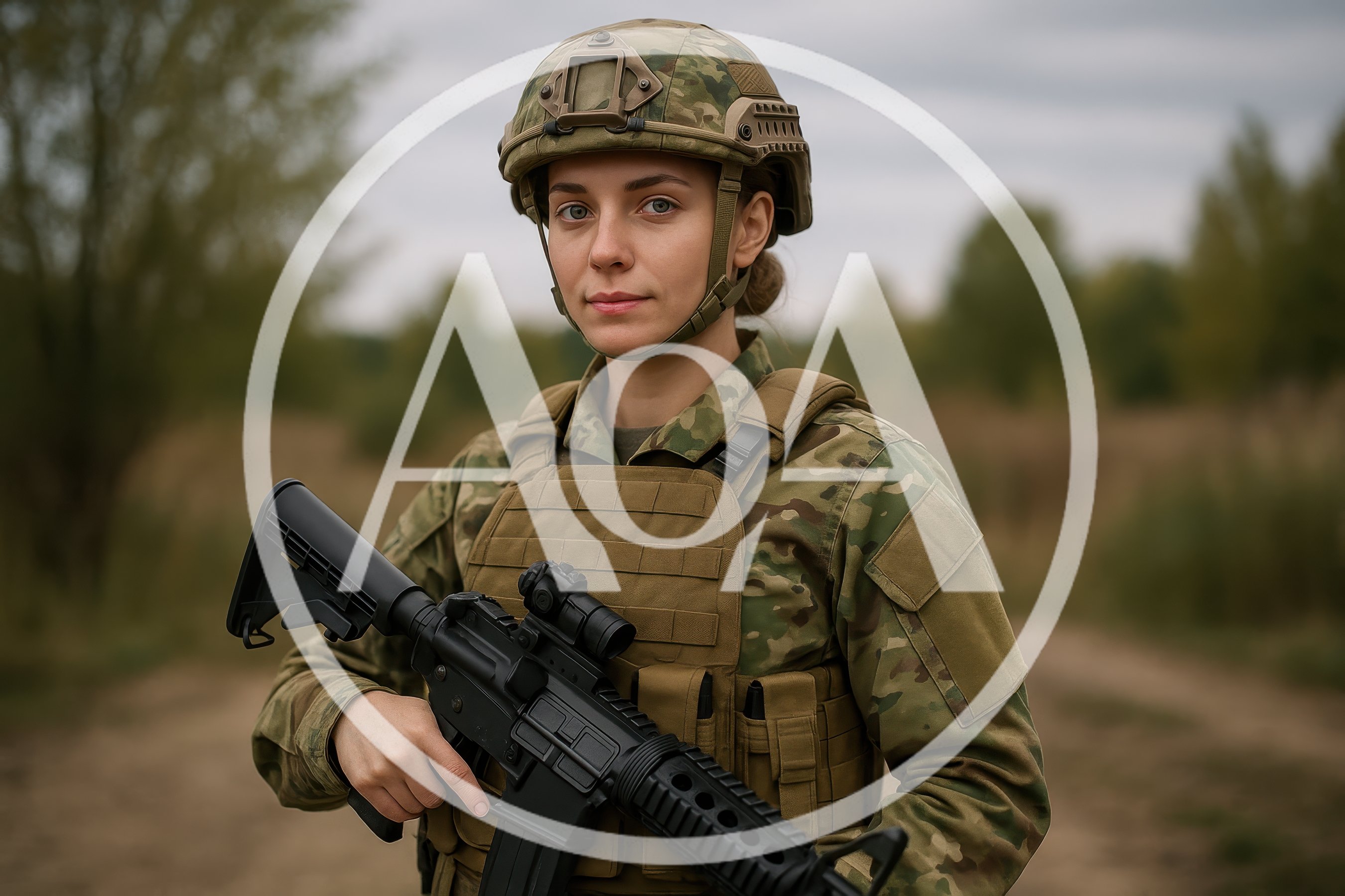 Female Soldier Standing With Rifle In Field