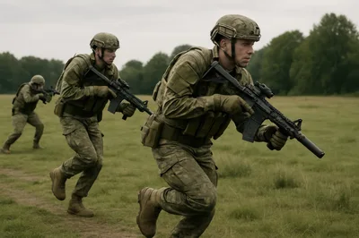 Soldiers In Camouflage Uniforms Running Across Open Field