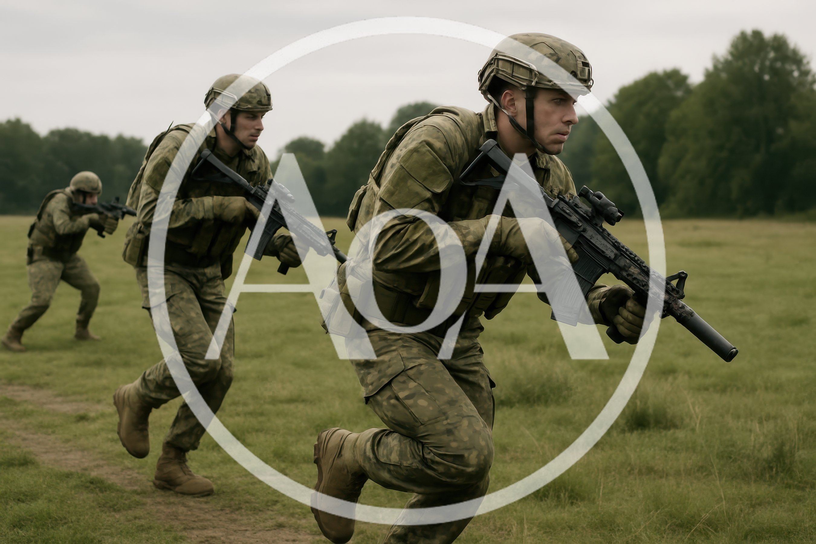 Soldiers In Camouflage Uniforms Running Across Open Field