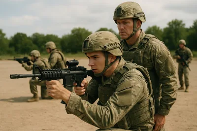 Soldiers Training With Rifles In A Field