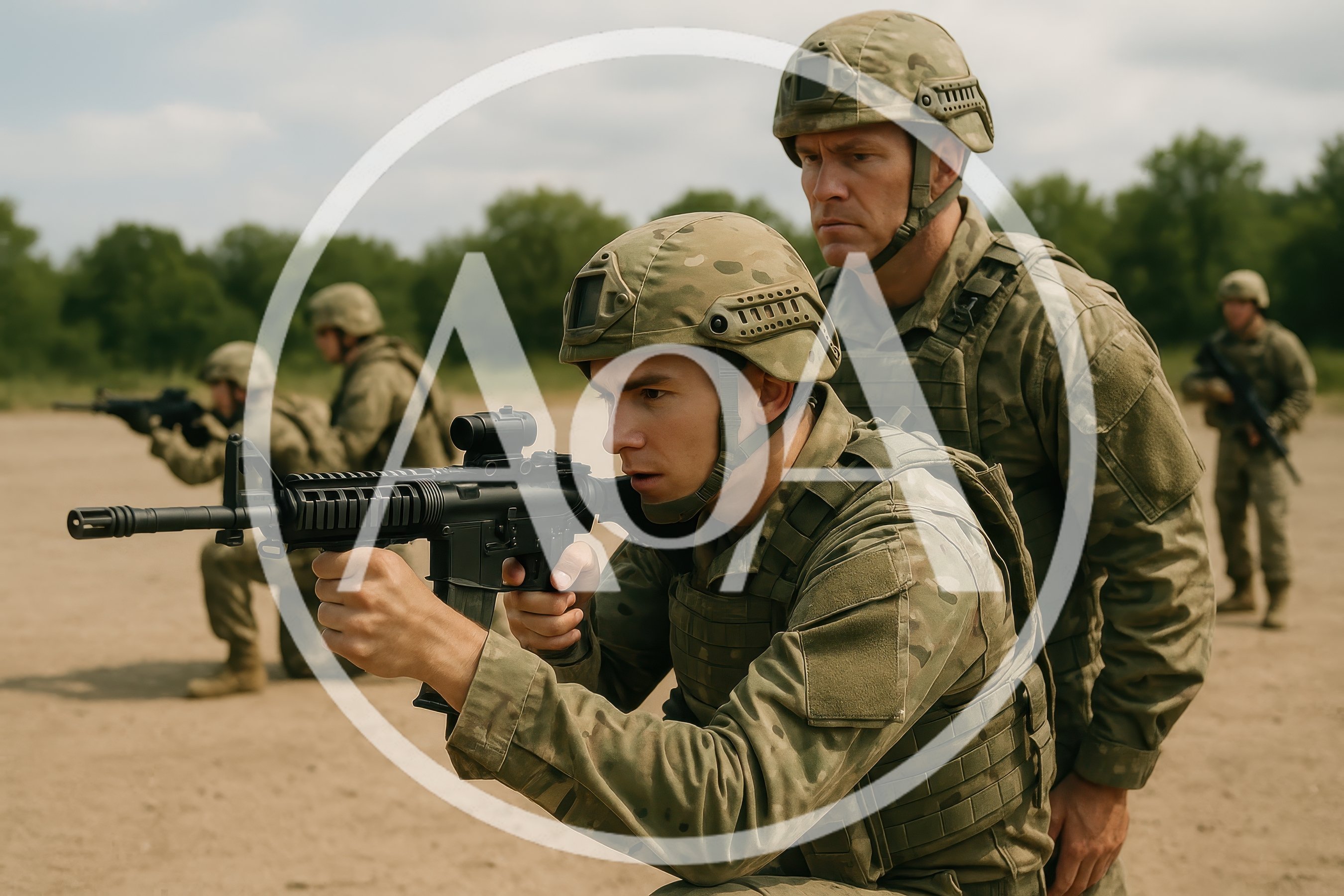 Soldiers Training With Rifles In A Field
