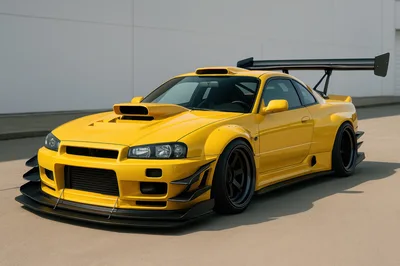 Modified Yellow Nissan Skyline GT-R R34 Sports Car