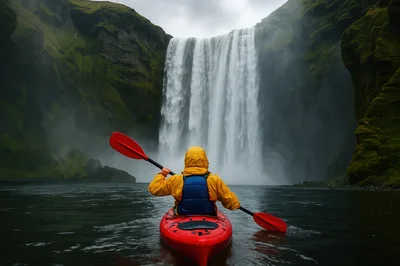Kayaker Approaching Skogafoss Waterfall In Iceland