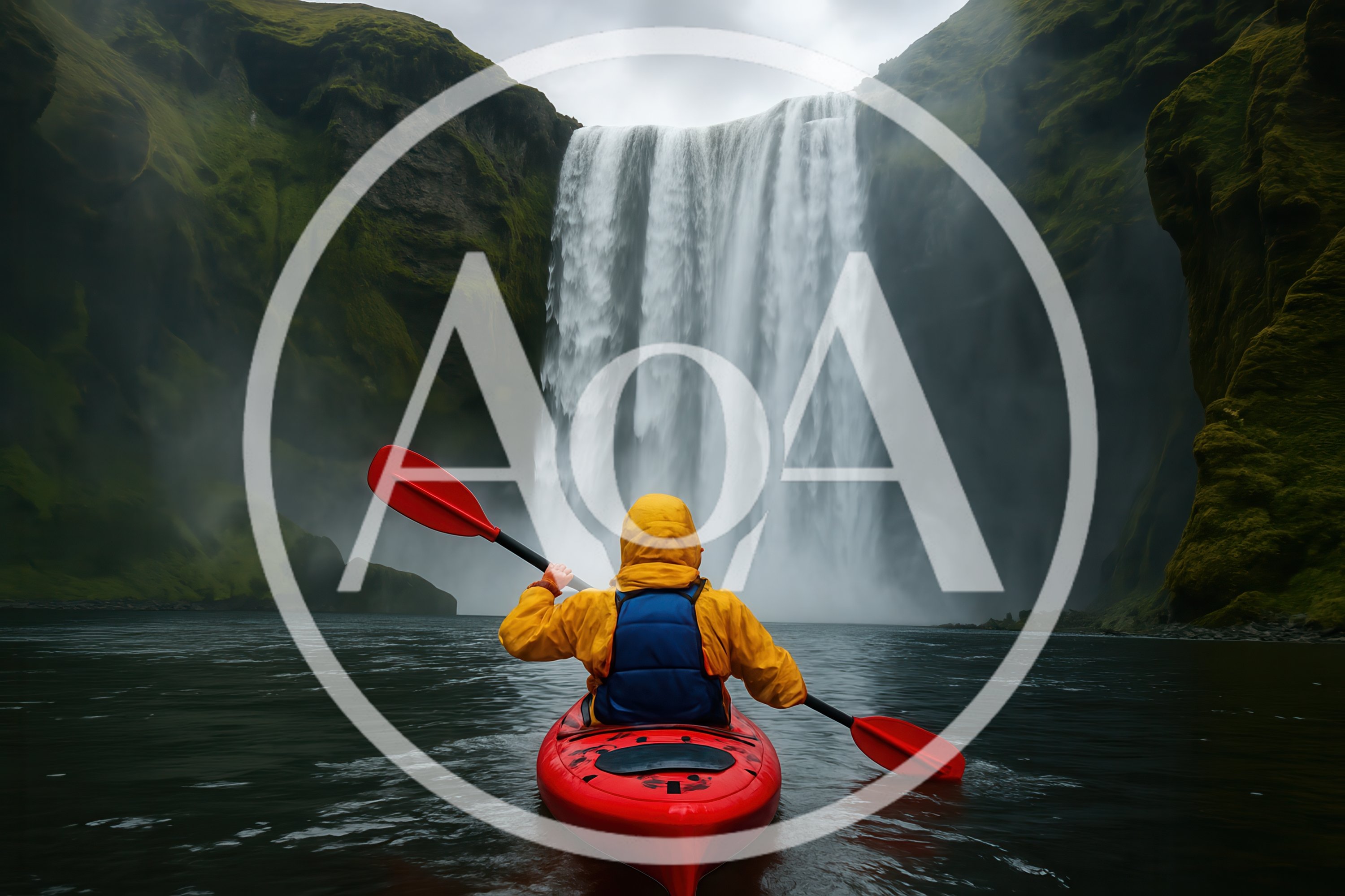 Kayaker Approaching Skogafoss Waterfall In Iceland