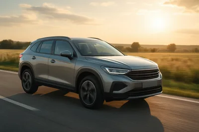 Silver SUV Driving On A Rural Road At Sunset