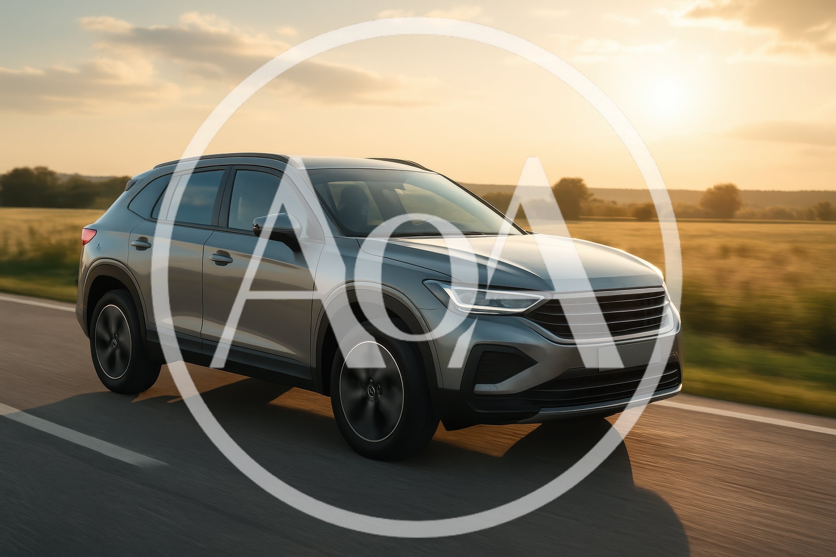 Silver SUV Driving On A Rural Road At Sunset