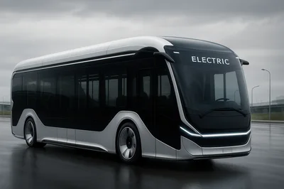 Modern Electric Bus Parked On A Wet Road