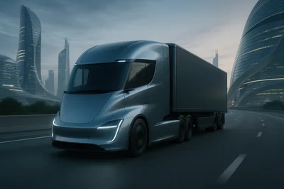 Futuristic Electric Semi Truck Driving Through Modern City