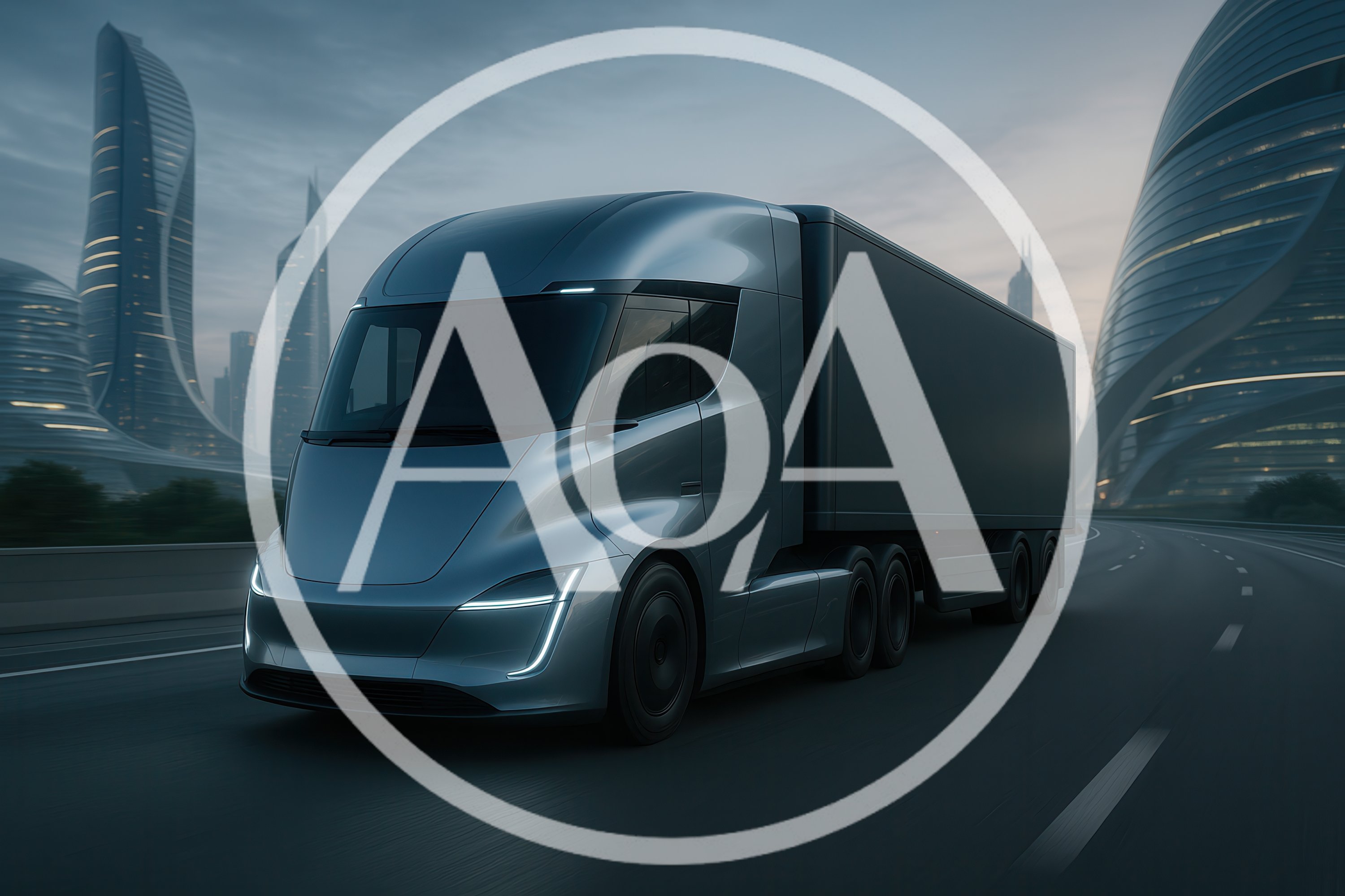 Futuristic Electric Semi Truck Driving Through Modern City