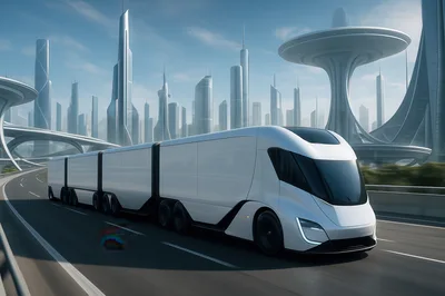 Futuristic Autonomous Semi Truck Driving Through High Tech City