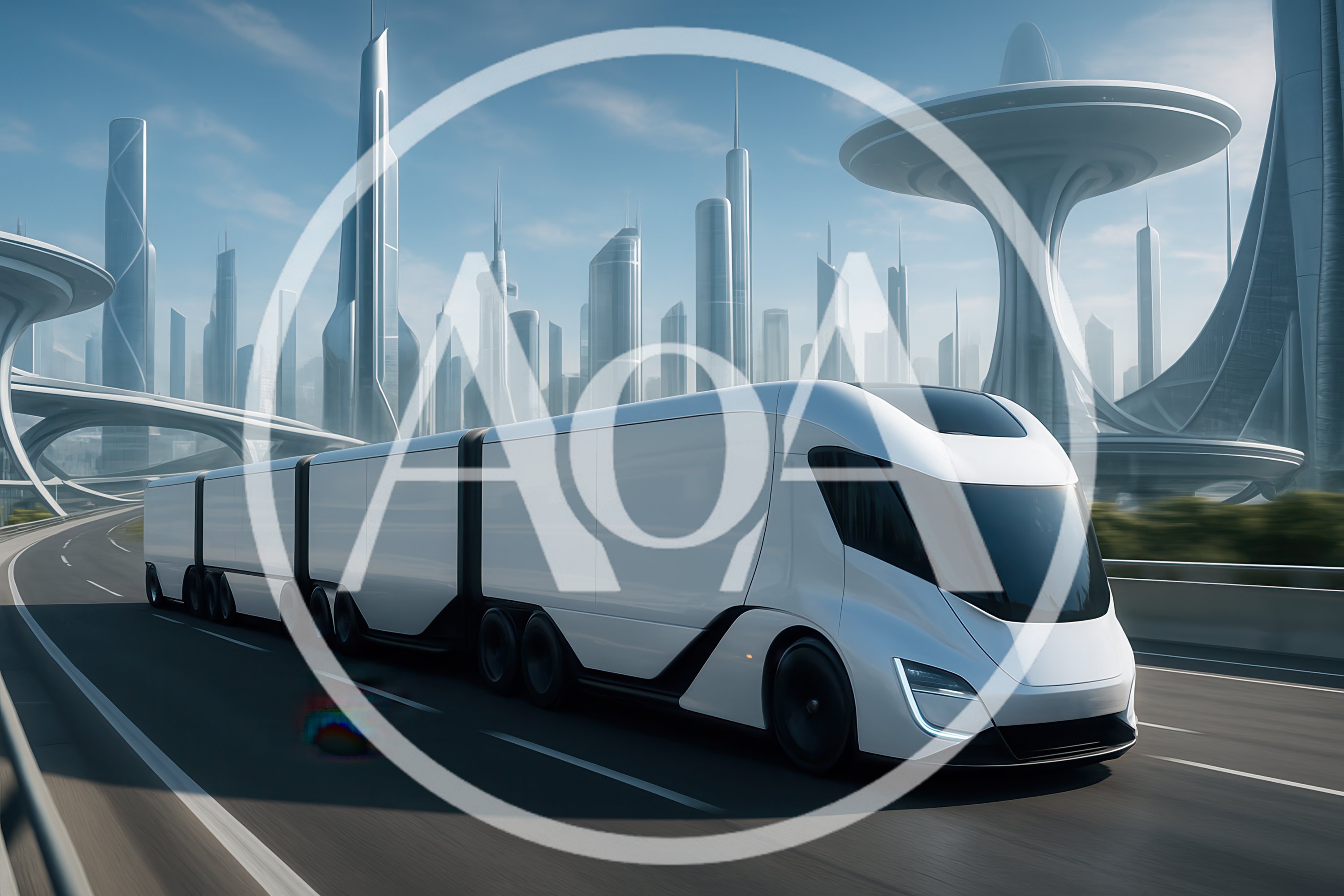Futuristic Autonomous Semi Truck Driving Through High Tech City
