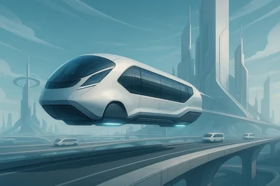Futuristic Levitation Bus Traveling Through A High Tech City