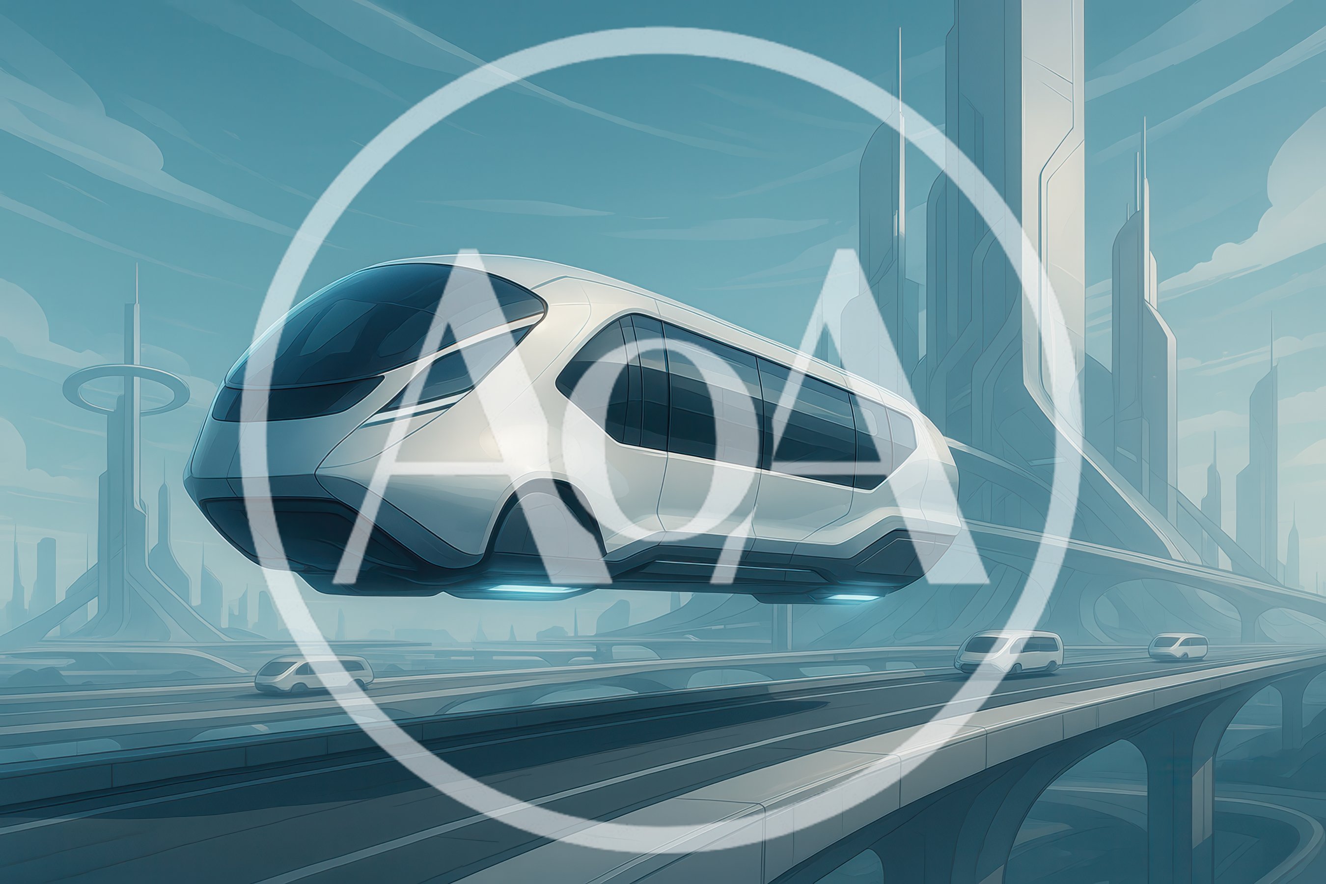 Futuristic Levitation Bus Traveling Through A High Tech City