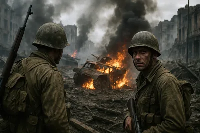 Two American Soldiers Standing Amidst War Torn Ruins