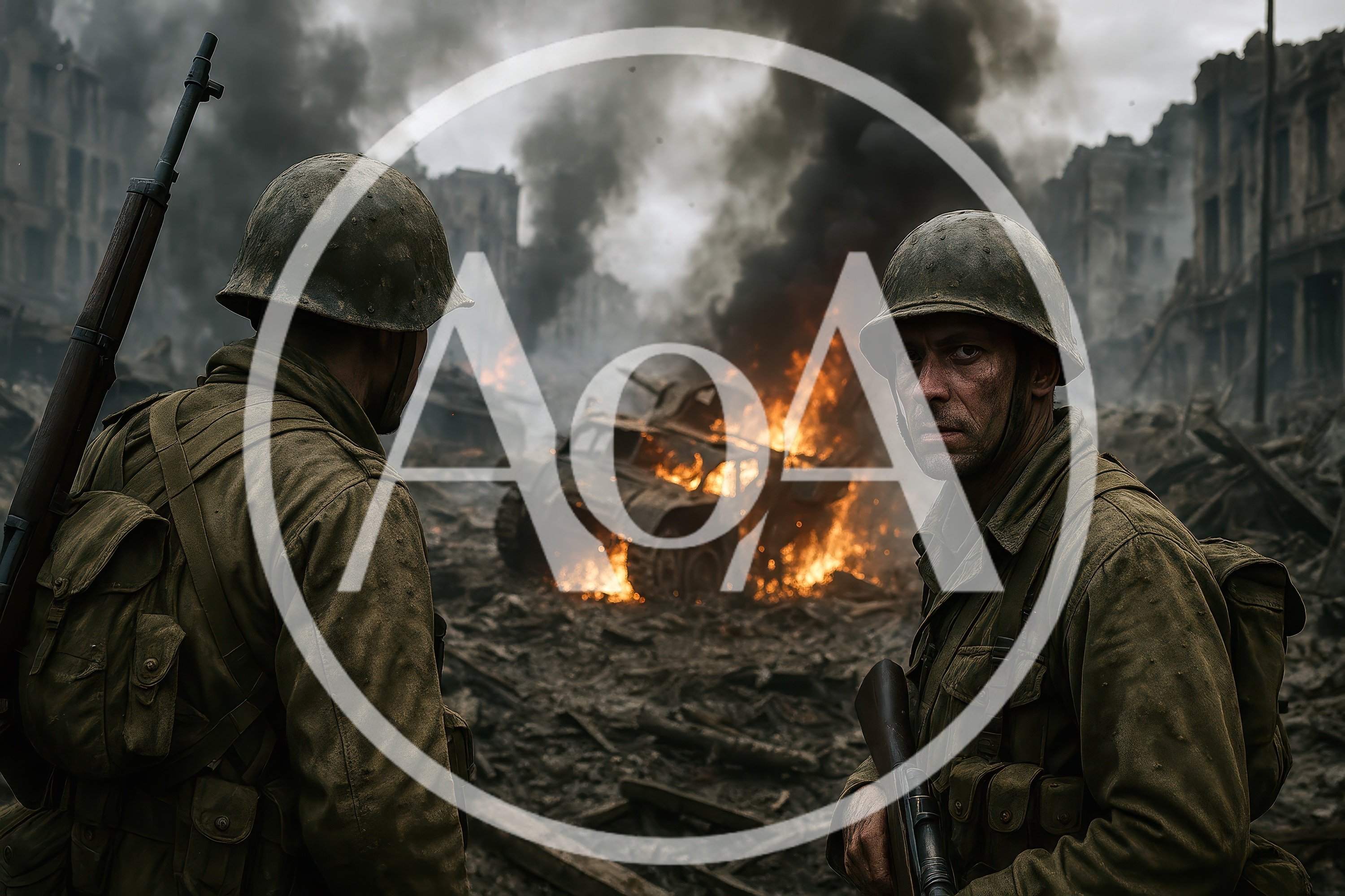 Two American Soldiers Standing Amidst War Torn Ruins