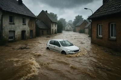 White Car Stranded In Flooded Residential Street