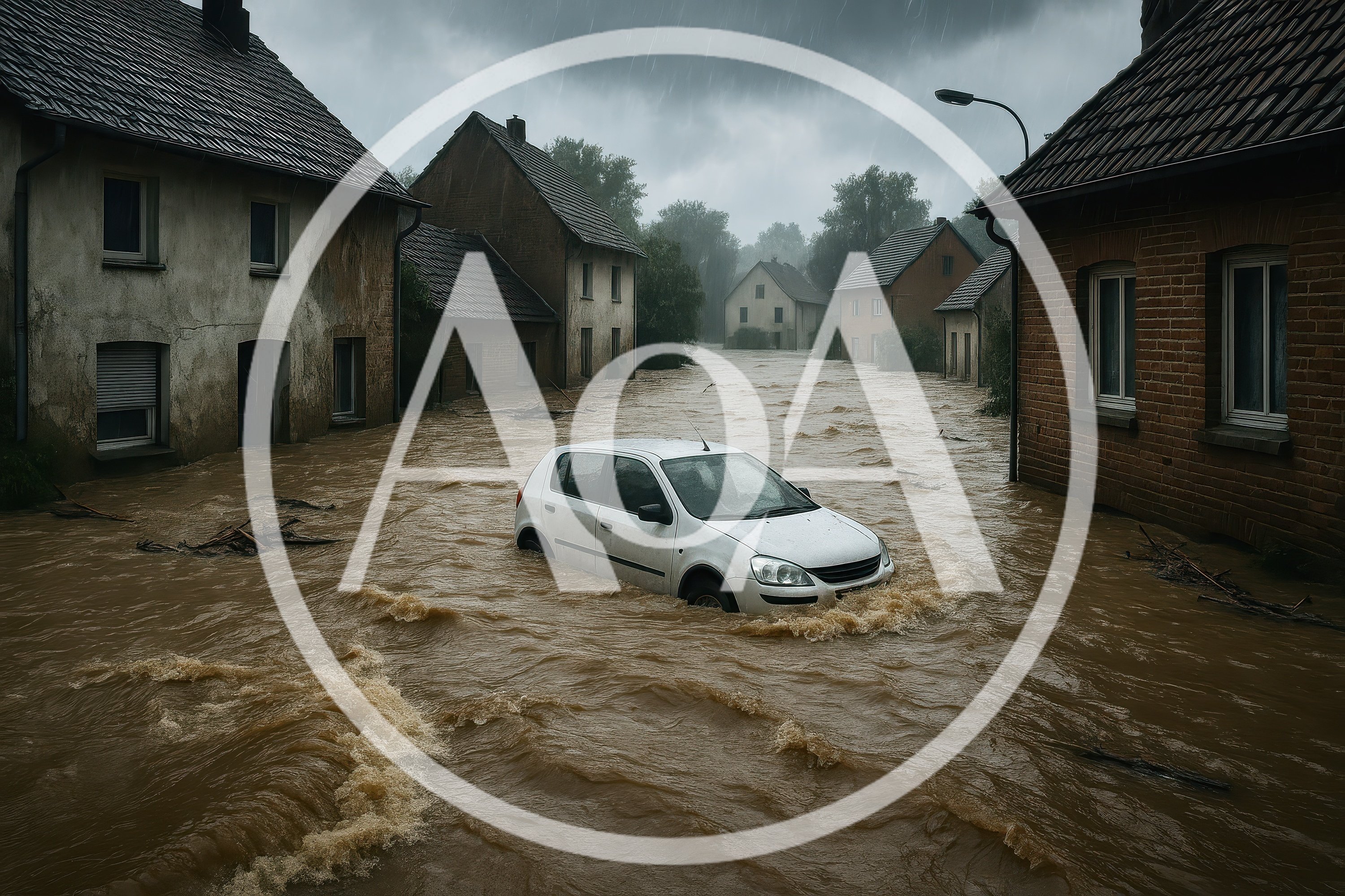 White Car Stranded In Flooded Residential Street