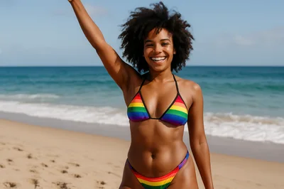 Happy Woman Wearing Rainbow Bikini On Sunny Beach