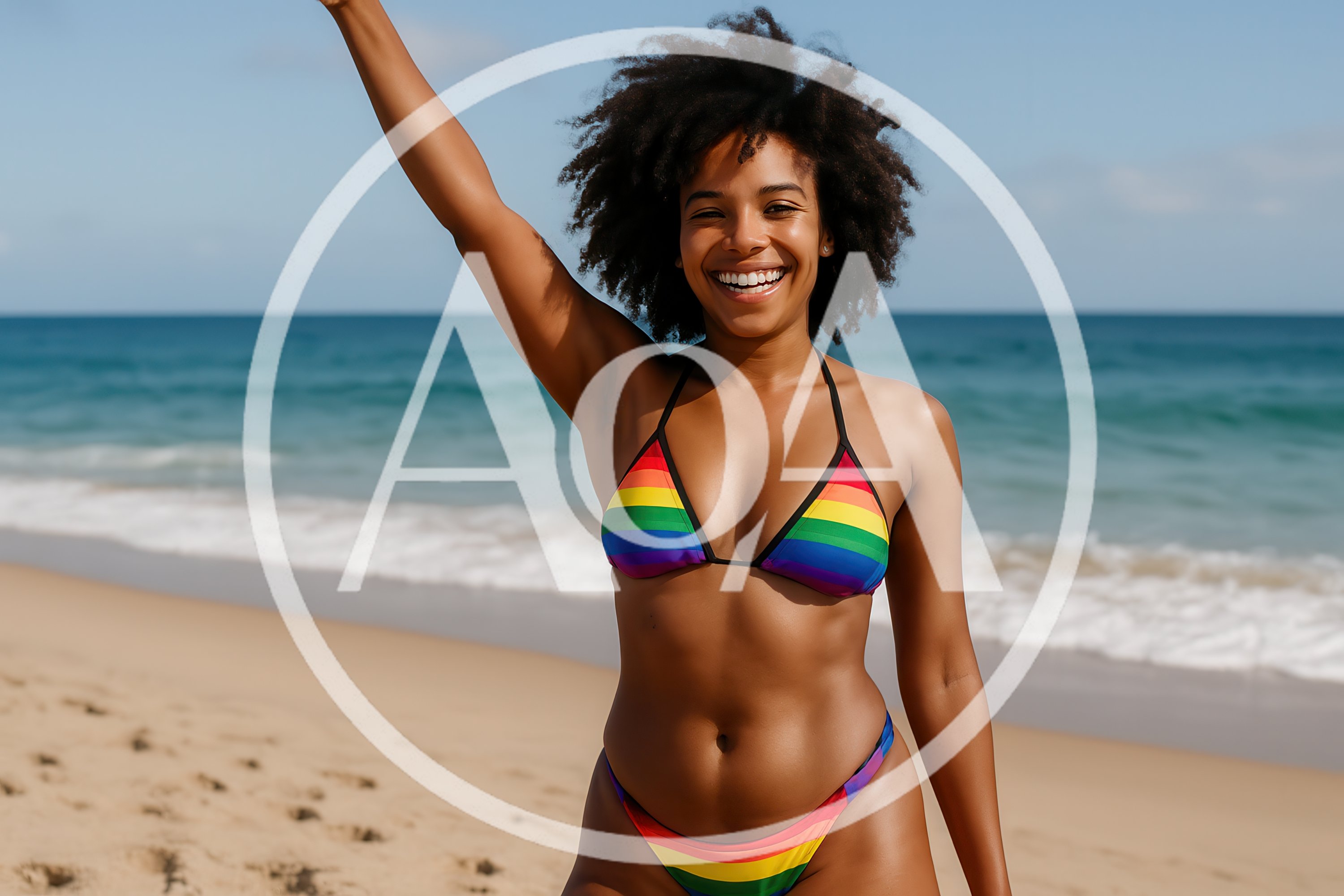 Happy Woman Wearing Rainbow Bikini On Sunny Beach