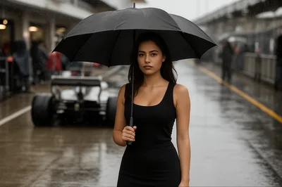 Woman Holding Umbrella on Rainy Formula One Pit Lane