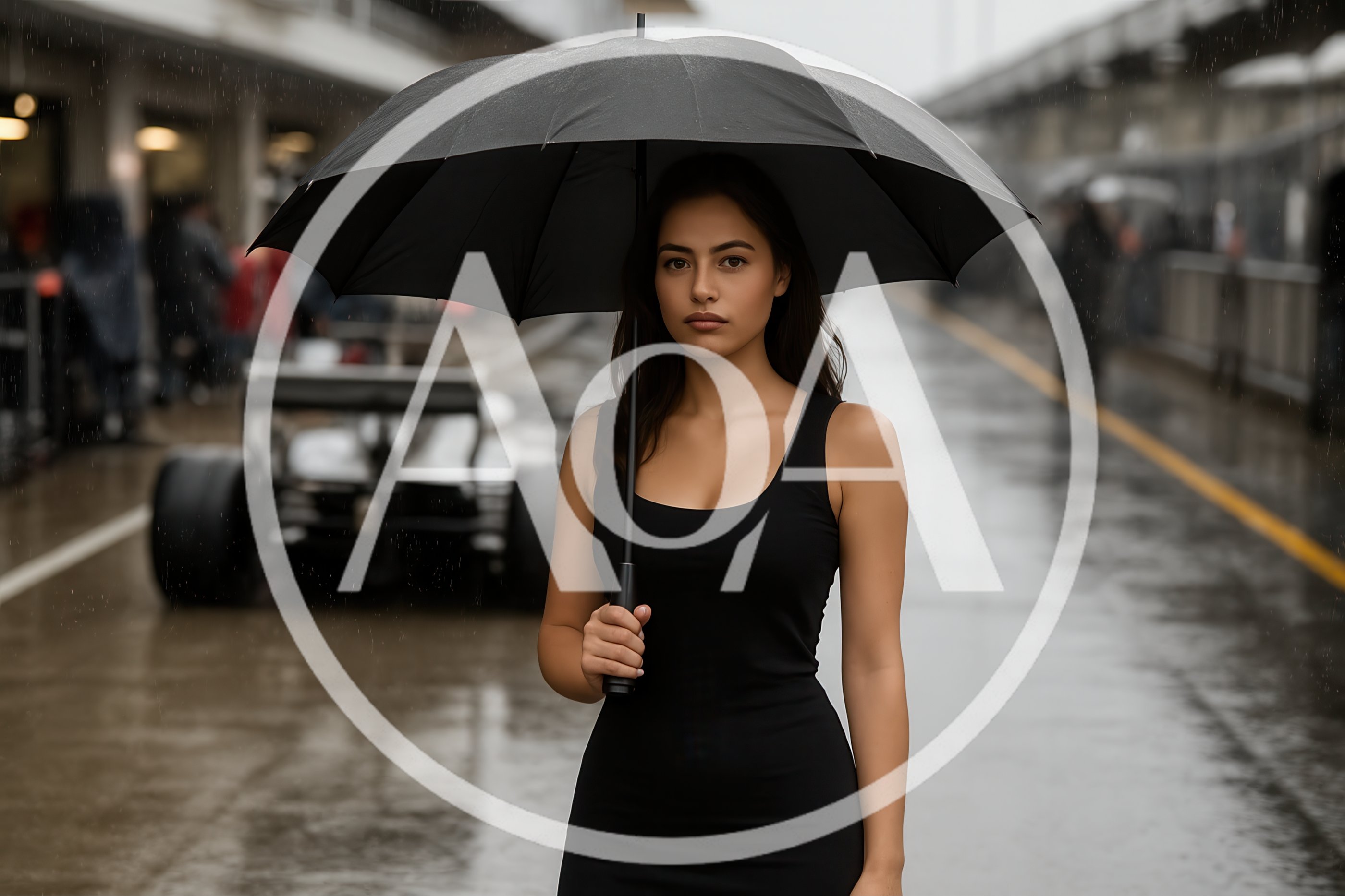 Woman Holding Umbrella on Rainy Formula One Pit Lane