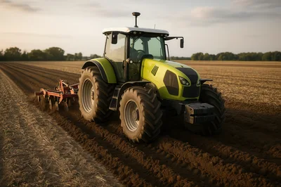 Green Tractor Plowing Field During Golden Hour