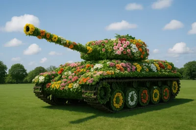 Floral Sculpture Of A Military Tank In A Field