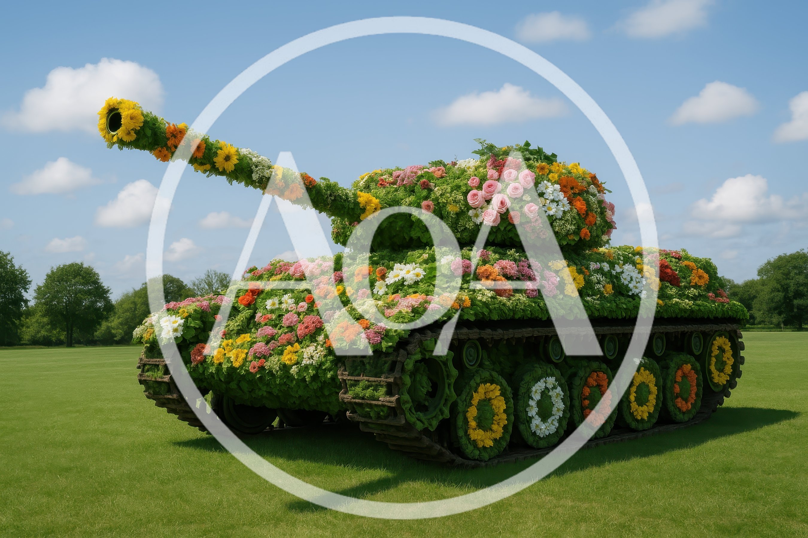 Floral Sculpture Of A Military Tank In A Field