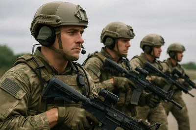 Four Soldiers Standing In Formation With Rifles
